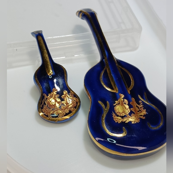 Vintage 22k Gold Trim Limoges France Guitar Figurine Cobalt Blue Courting Couple - Picture 2 of 14